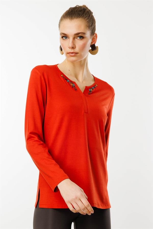 Kadın Sıfır Yaka El Nakışı İşlemeli Bluz Oranj