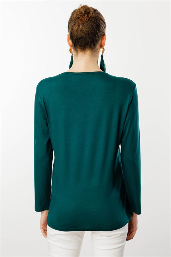 Kadın Sıfır Yaka El Nakışı İşlemeli Bluz Yeşil