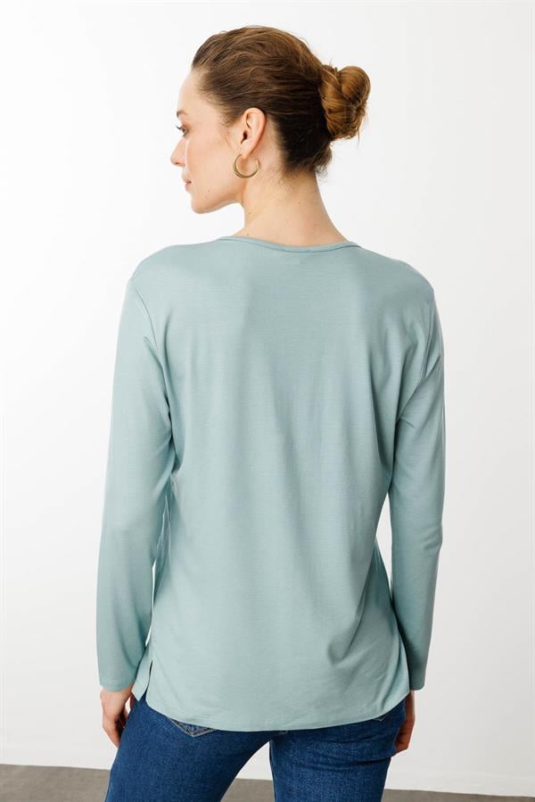 Kadın Sıfır Yaka El Nakışı İşlemeli Bluz Mint