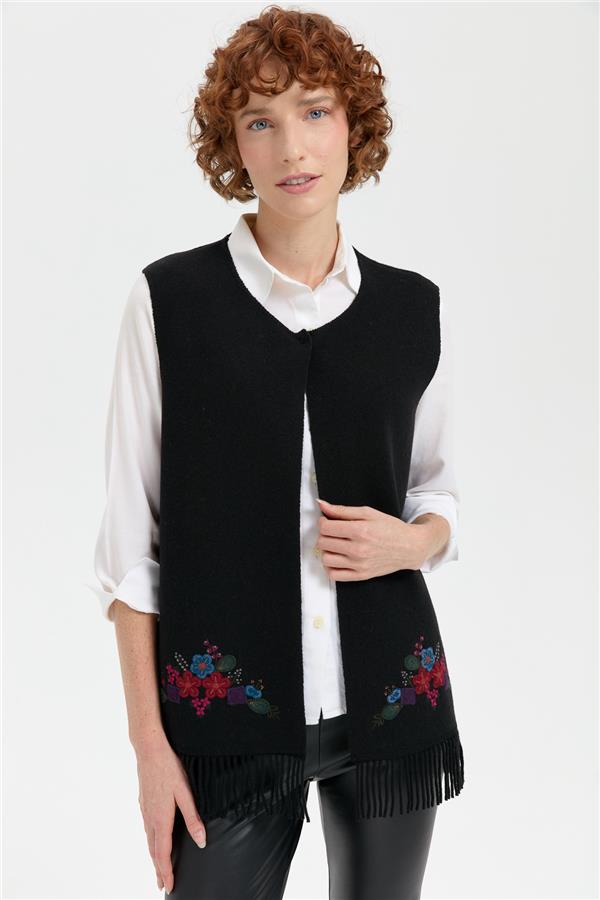 Kadın Sıfır Yaka Eteği İşlemeli Yün Yelek Siyah