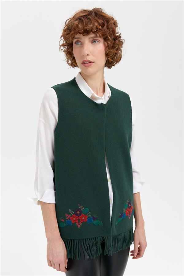 Kadın Sıfır Yaka Eteği İşlemeli Yün Yelek Yeşil