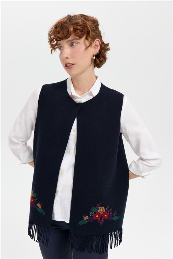 Kadın Sıfır Yaka Eteği İşlemeli Yün Yelek K.Lacivert