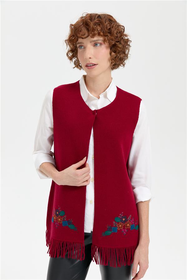 Kadın Sıfır Yaka Eteği İşlemeli Yün Yelek V.Çürüğü