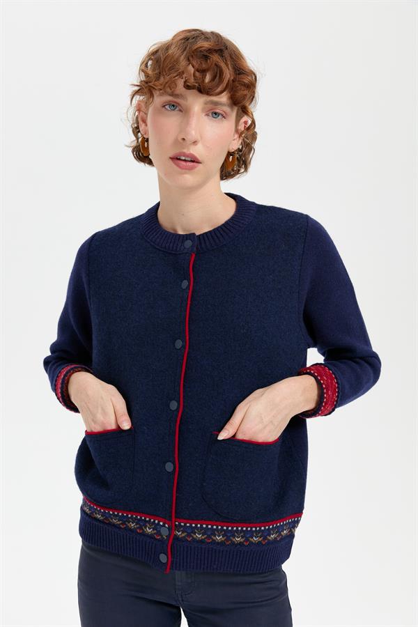 Kadın Sıfır Yaka Eteği ve Kol Ucu Desenli Yün Ceket Y.A.Lacivert