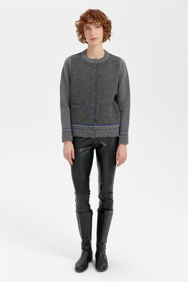 Kadın Sıfır Yaka Eteği ve Kol Ucu Desenli Yün Ceket Füme