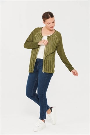 Женский трикотажный жакет на молнии цвета хаки