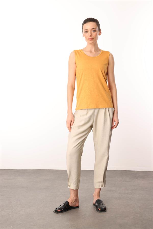 Kadın Sıfır Yaka Flamlı Kumaş Basic Askılı Tshirt Hardal