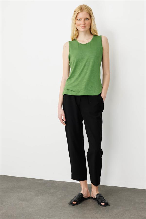 Kadın Sıfır Yaka Flamlı Kumaş Basic Askılı Tshirt A.Yeşili