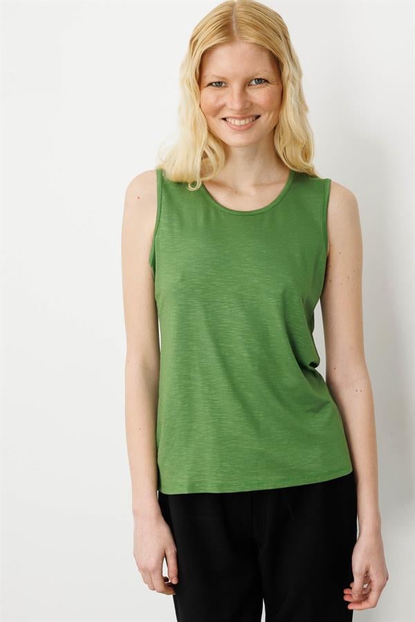 Kadın Sıfır Yaka Flamlı Kumaş Basic Askılı Tshirt A.Yeşili