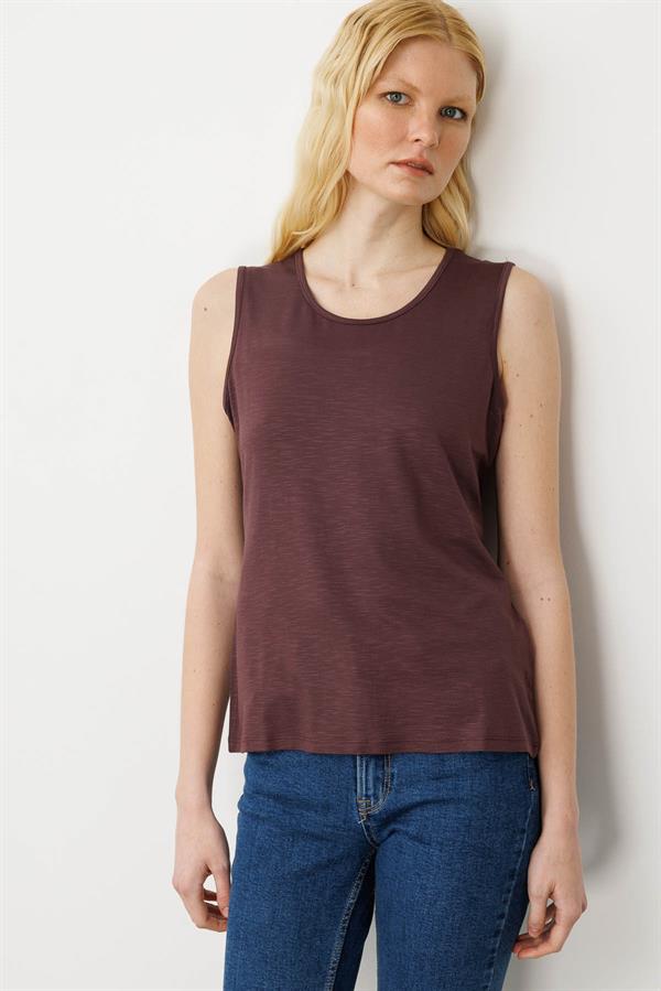 Kadın Sıfır Yaka Flamlı Kumaş Basic Askılı Tshirt Kahve