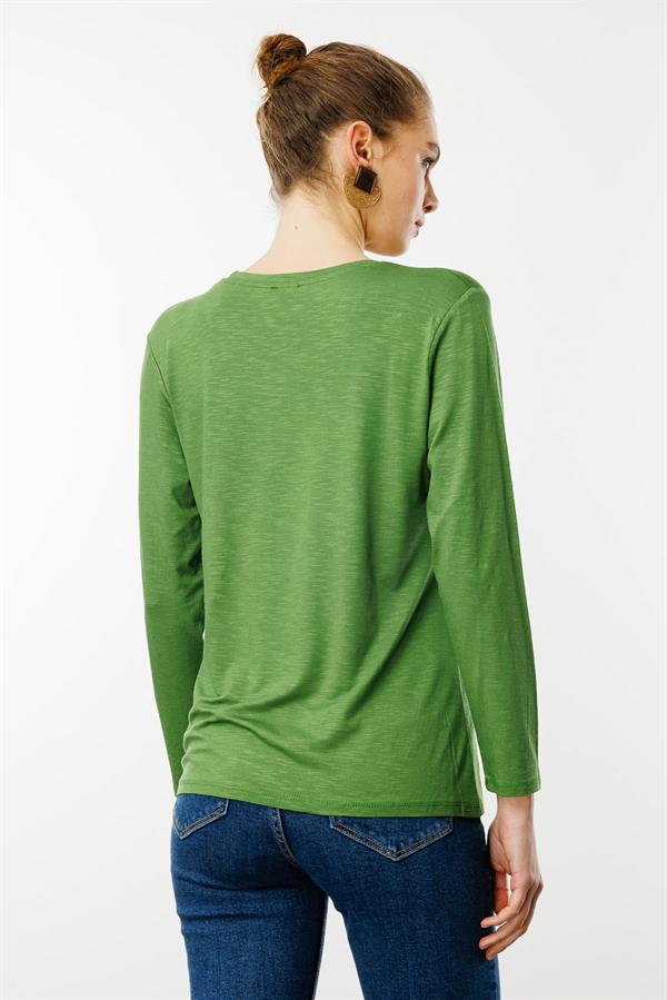 Kadın Sıfır Yaka Flamlı Kumaş Basic Penye Bluz A.Yeşil