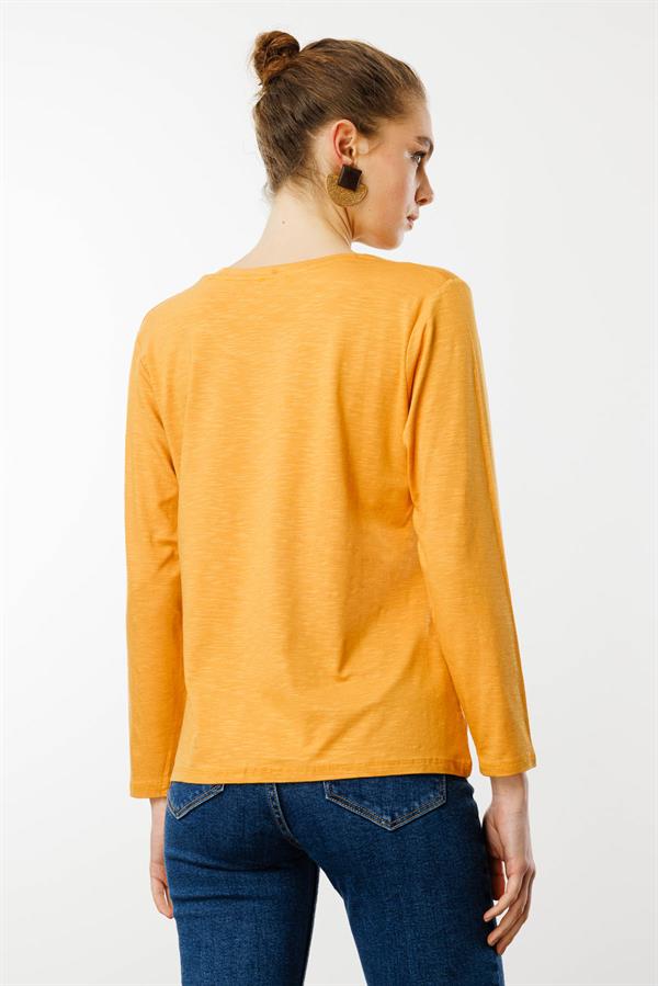Kadın Sıfır Yaka Flamlı Kumaş Basic Penye Bluz Hardal