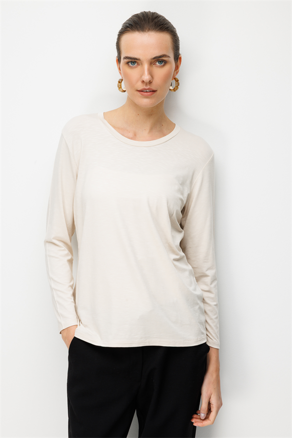 Kadın Sıfır Yaka Flamlı Kumaş Basic Penye Bluz Bej