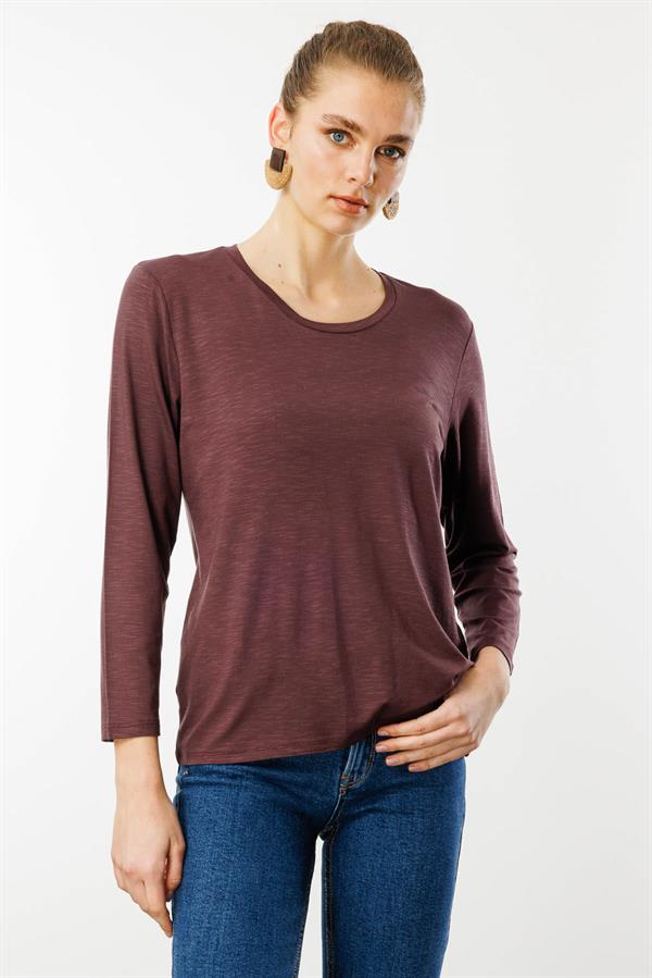 Kadın Sıfır Yaka Flamlı Kumaş Basic Penye Bluz Kahve