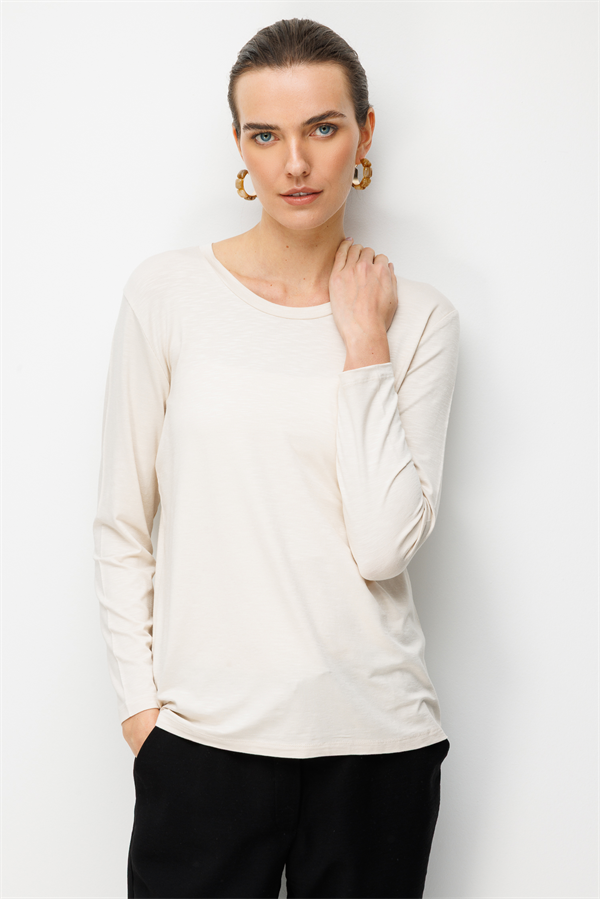 Kadın Sıfır Yaka Flamlı Kumaş Basic Penye Bluz Bej