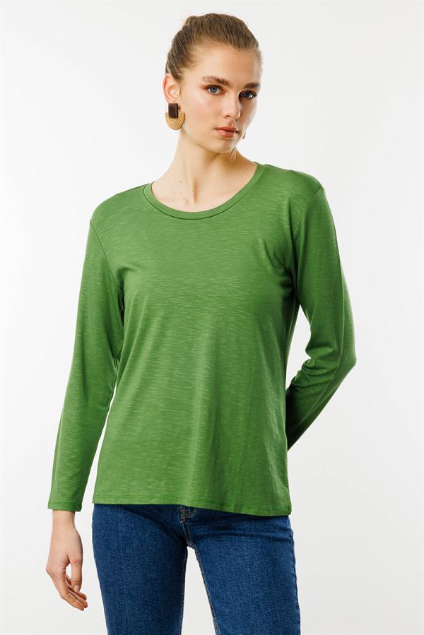 Kadın Sıfır Yaka Flamlı Kumaş Basic Penye Bluz A.Yeşil