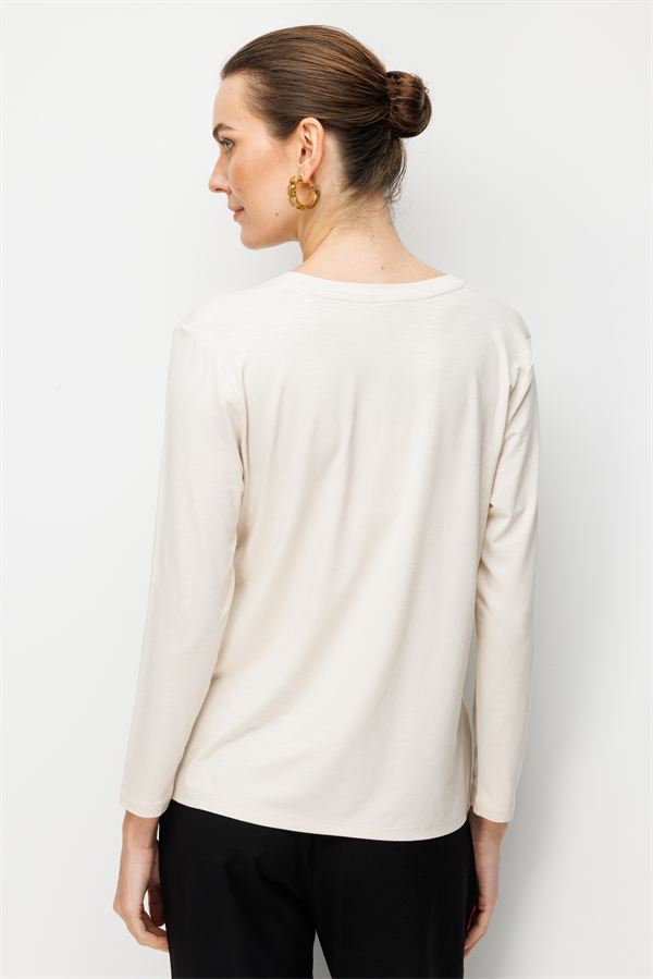 Kadın Sıfır Yaka Flamlı Kumaş Basic Penye Bluz Bej