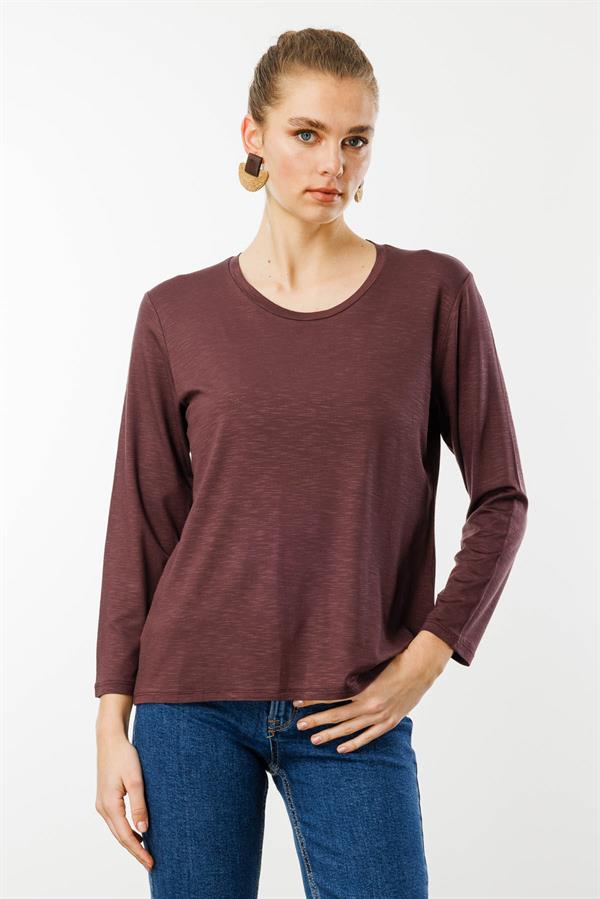 Kadın Sıfır Yaka Flamlı Kumaş Basic Penye Bluz Kahve
