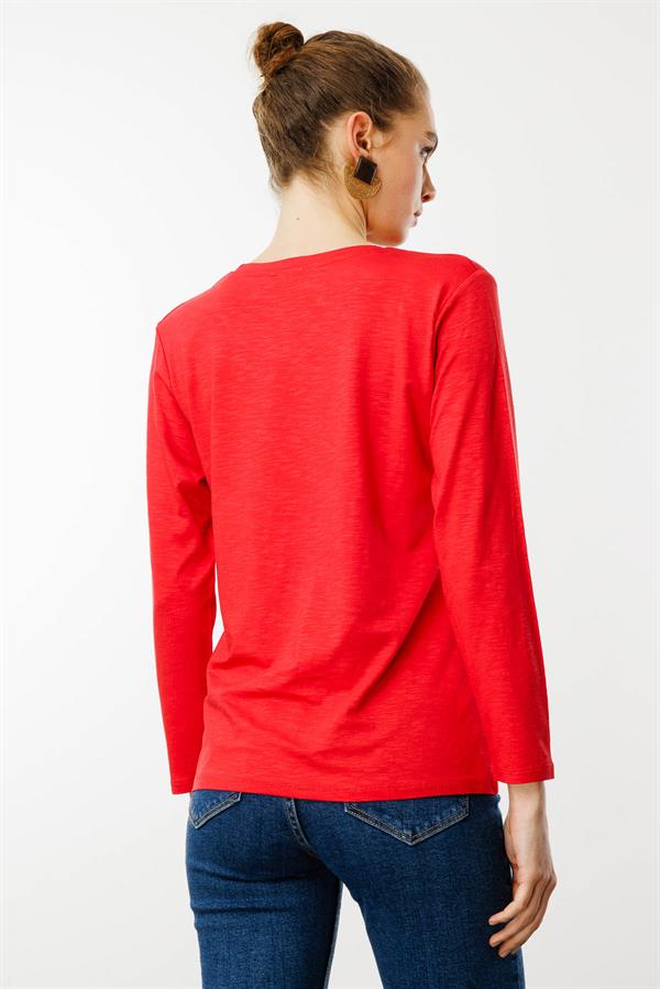 Kadın Sıfır Yaka Flamlı Kumaş Basic Penye Bluz Mercan