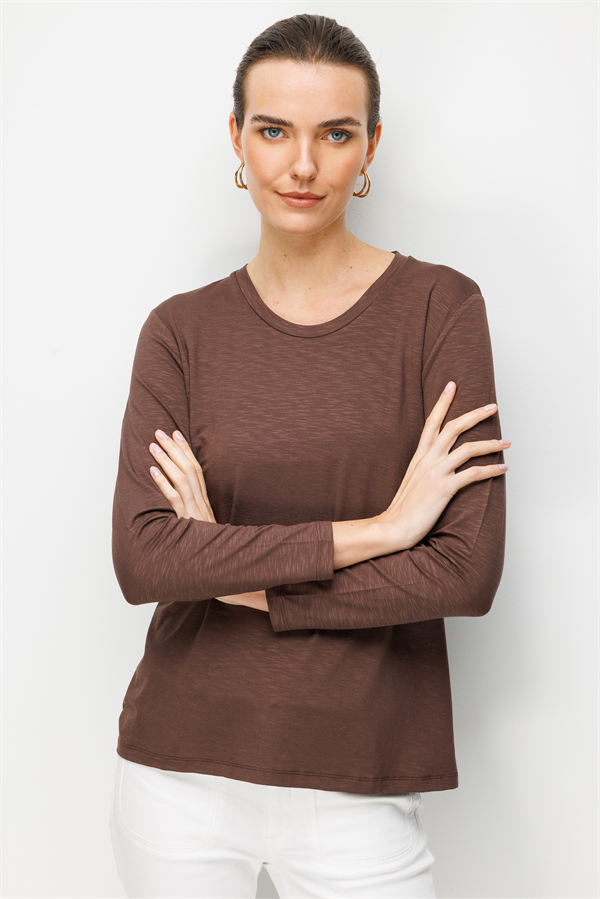 Kadın Sıfır Yaka Flamlı Kumaş Basic Penye Bluz K.Kahve