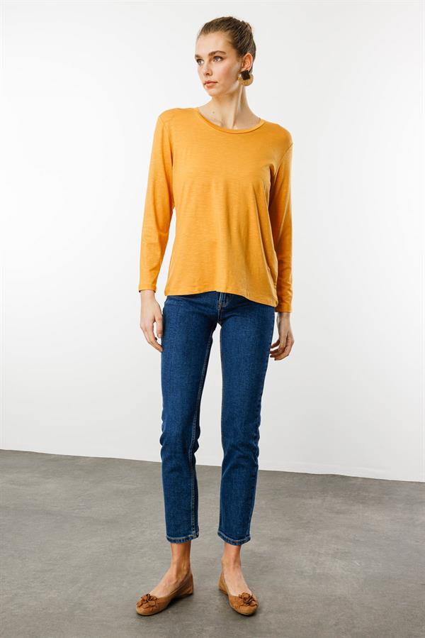 Kadın Sıfır Yaka Flamlı Kumaş Basic Penye Bluz Hardal