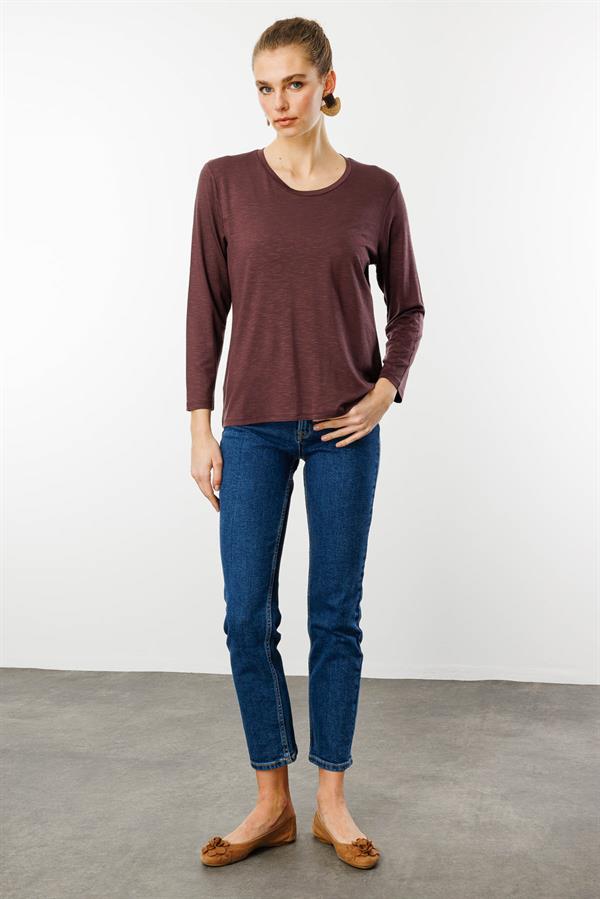 Kadın Sıfır Yaka Flamlı Kumaş Basic Penye Bluz Kahve