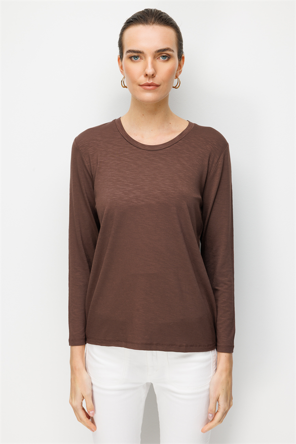 Kadın Sıfır Yaka Flamlı Kumaş Basic Penye Bluz K.Kahve