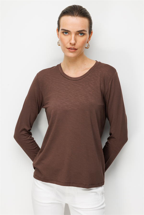 Kadın Sıfır Yaka Flamlı Kumaş Basic Penye Bluz K.Kahve