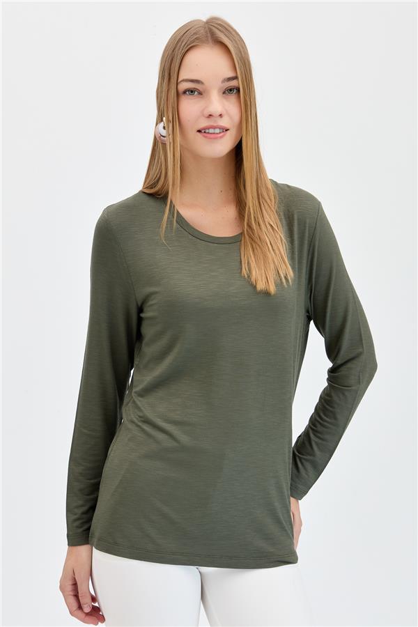 Kadın Sıfır Yaka Flamlı Kumaş Basic Penye Bluz Haki