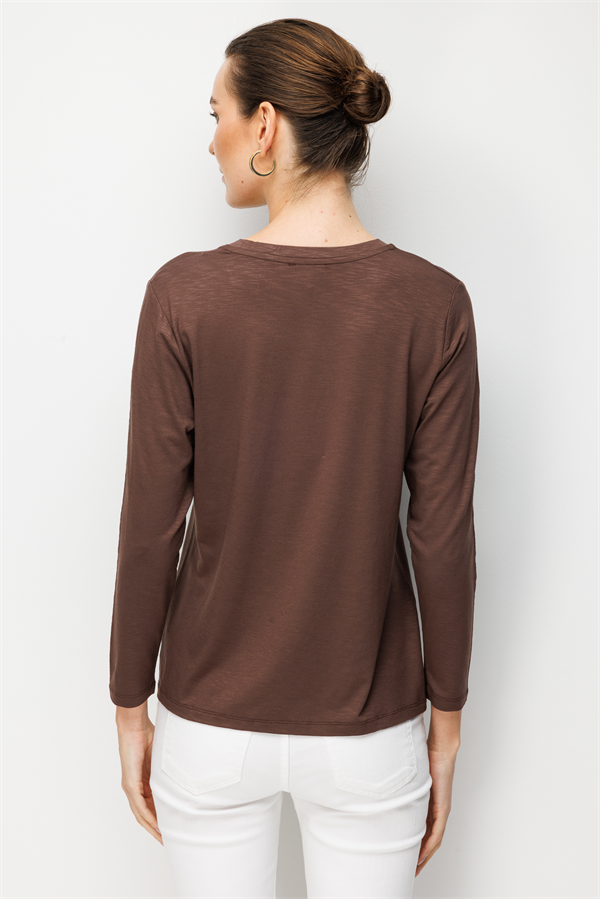 Kadın Sıfır Yaka Flamlı Kumaş Basic Penye Bluz K.Kahve