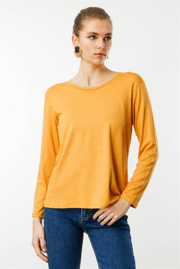 Kadın Sıfır Yaka Flamlı Kumaş Basic Penye Bluz Hardal