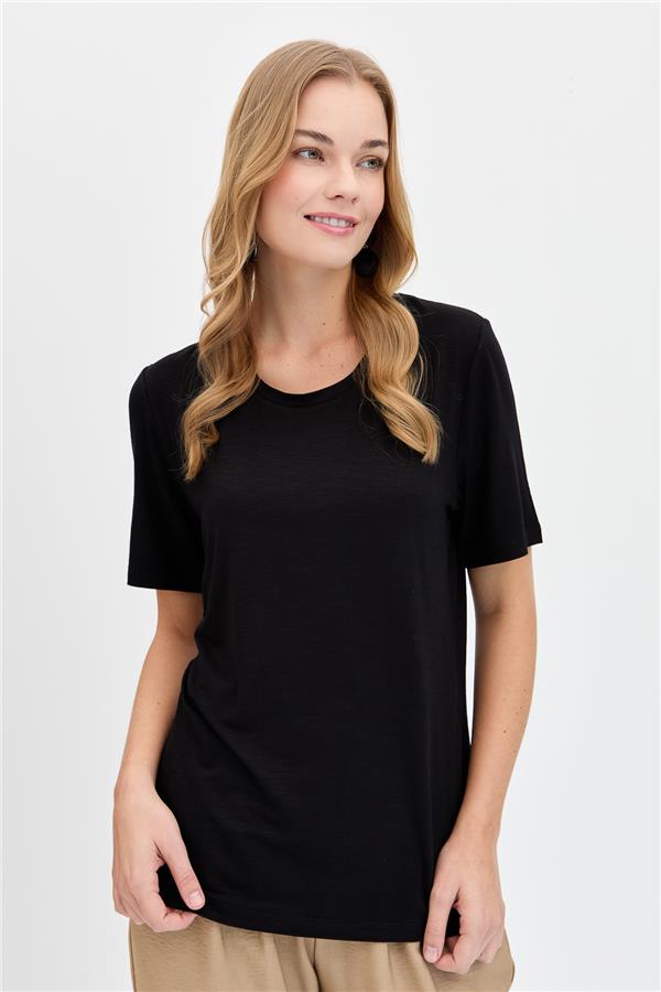Kadın Sıfır Yaka Flamlı Kumaş Penye Tshirt Siyah