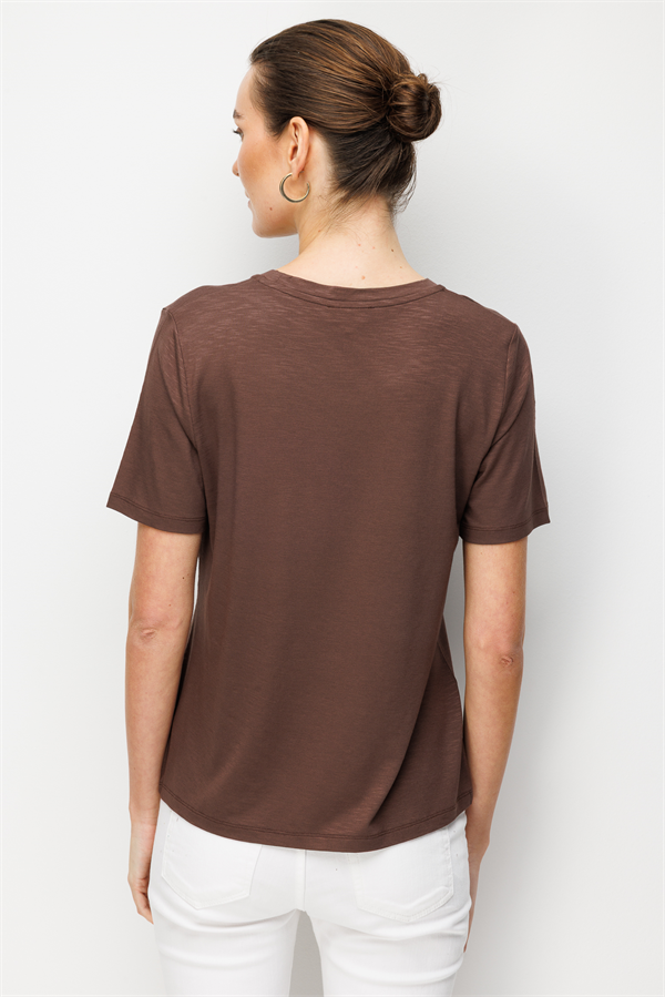 Kadın Sıfır Yaka Flamlı Kumaş Penye Tshirt K.Kahve