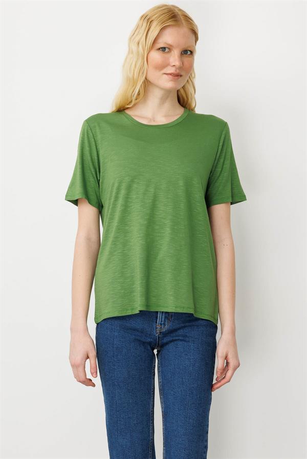 Kadın Sıfır Yaka Flamlı Kumaş Penye Tshirt A.Yeşil