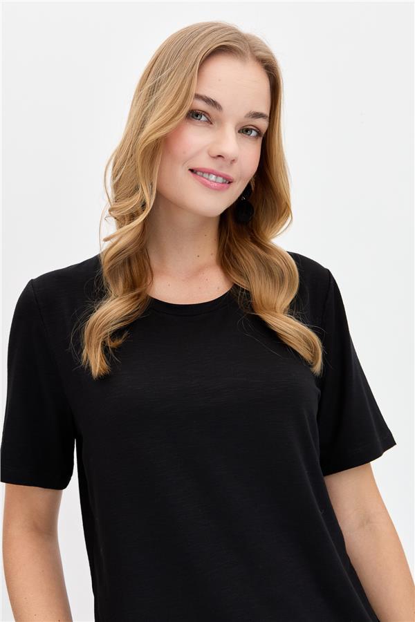 Kadın Sıfır Yaka Flamlı Kumaş Penye Tshirt Siyah