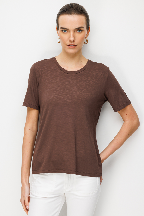 Kadın Sıfır Yaka Flamlı Kumaş Penye Tshirt K.Kahve