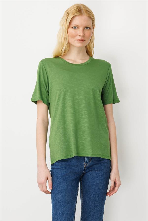 Kadın Sıfır Yaka Flamlı Kumaş Penye Tshirt A.Yeşil