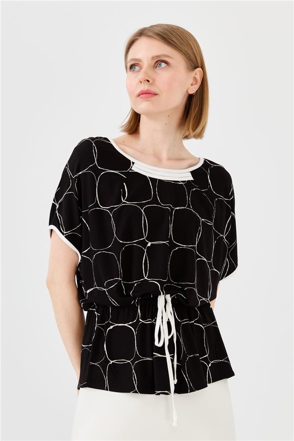 Kadın Sıfır Yaka İki Renk Penye T-shirt Siyah/Ekru