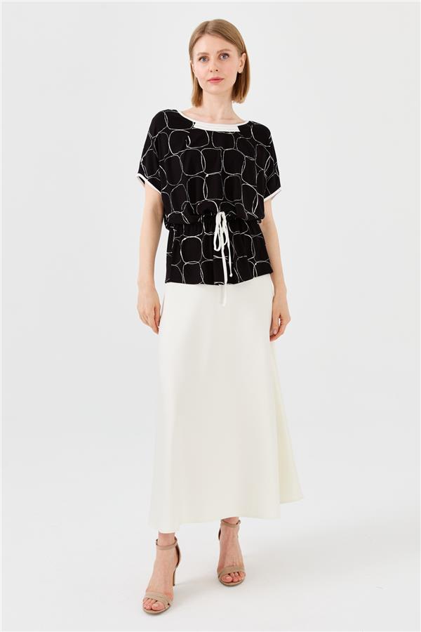 Kadın Sıfır Yaka İki Renk Penye T-shirt Siyah/Ekru