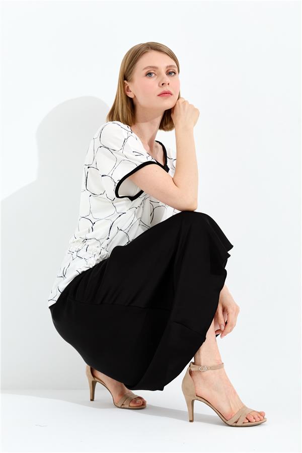 Kadın Sıfır Yaka İki Renk Penye T-shirt Ekru/Siyah