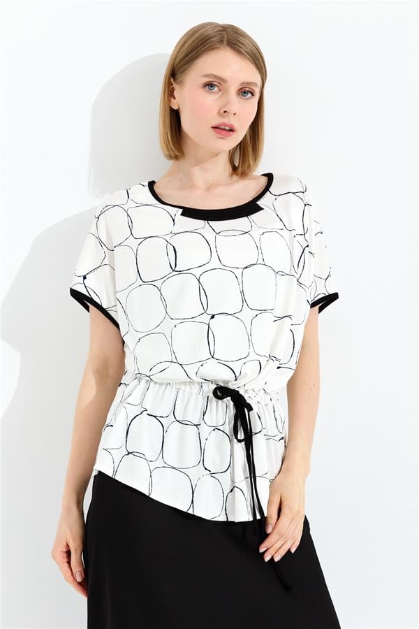 Kadın Sıfır Yaka İki Renk Penye T-shirt Ekru/Siyah