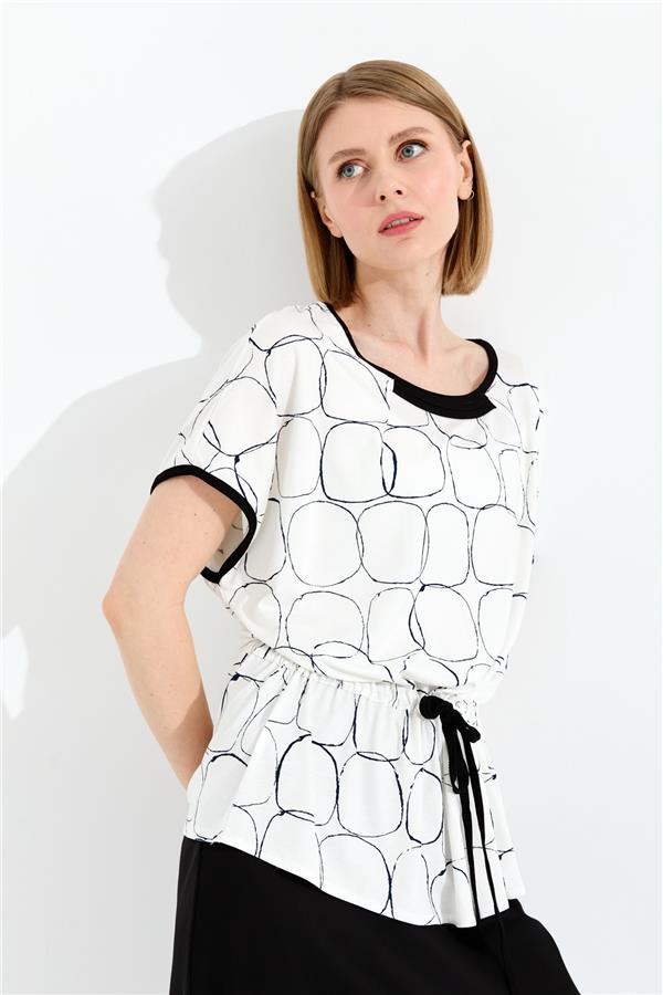 Kadın Sıfır Yaka İki Renk Penye T-shirt Ekru/Siyah