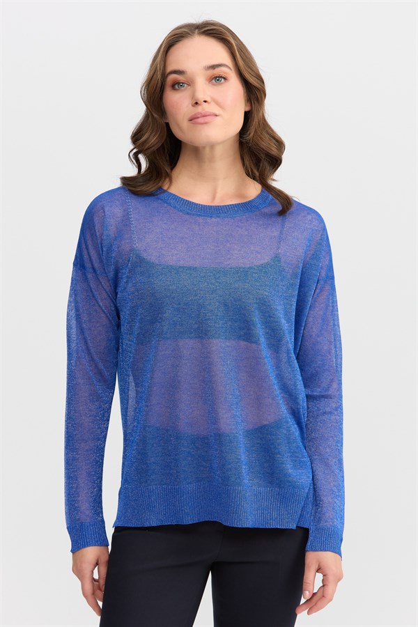 Женская тонкая блуза с круглым вырезом и люрексом на воротнике голубая 