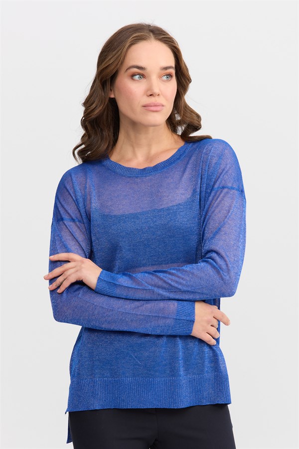 Женская тонкая блуза с круглым вырезом и люрексом на воротнике голубая 