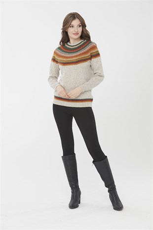 Женский шерстяной свитер с круглым вырезом и отделкой, бежевый 