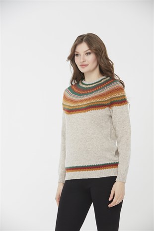 Женский шерстяной свитер с круглым вырезом и отделкой, бежевый 