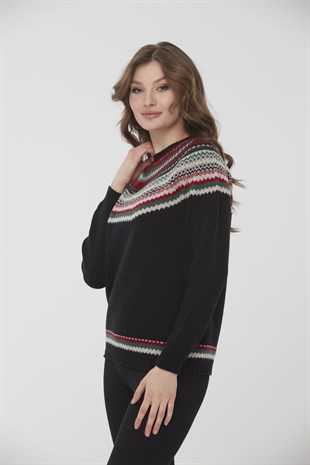 Женский шерстяной свитер с круглым вырезом и отделкой, черный