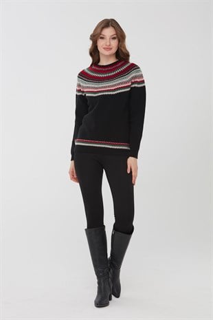 Женский шерстяной свитер с круглым вырезом и отделкой, черный