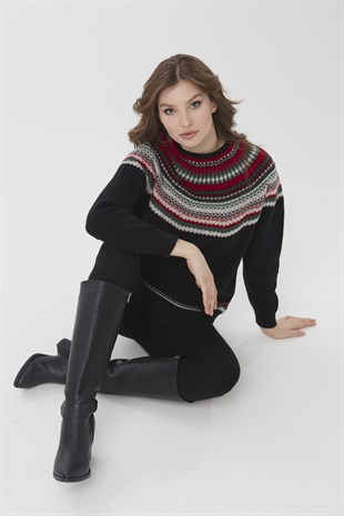 Женский шерстяной свитер с круглым вырезом и отделкой, черный