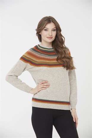 Женский шерстяной свитер с круглым вырезом и отделкой, бежевый 